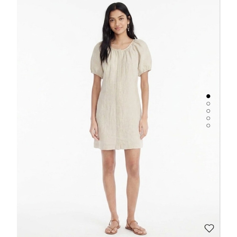J.Crew Women Beige 100% Linen Puff Sleeve V-Neck Mini Dress Size 4 Summer Boho